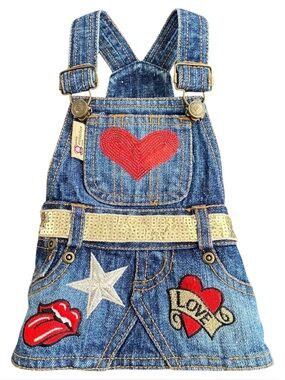 Monkey Daze Rock Style Denim Overall Dog Dress Blue Red Size M
